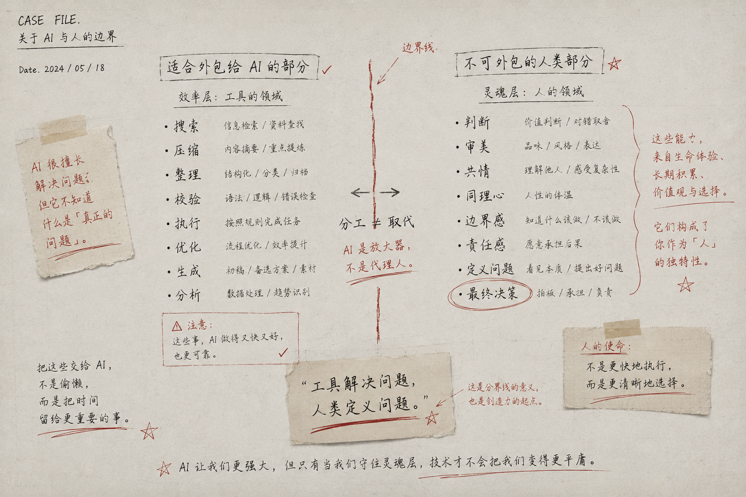 关于 AI 与人的边界:工具解决问题,人类定义问题。